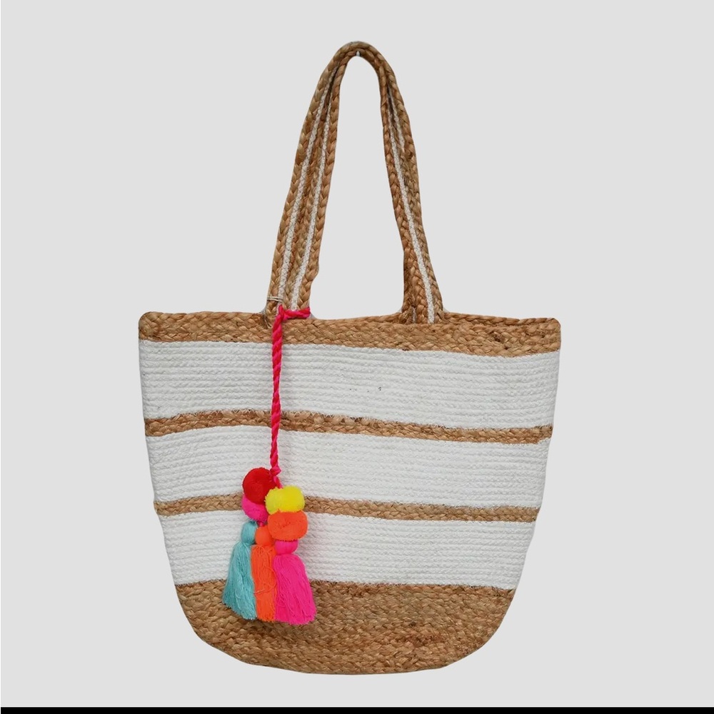 Chic Tan and White Striped Tote with Vibrant Tassels
